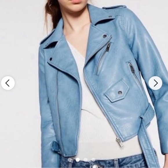 Zara Jackets & Blazers - Zara Cropped Faux Leather Moto Jacket Sky Blue Size Large Bloggers Fav